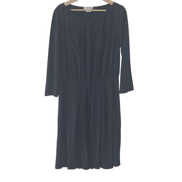 LACOSTE  MERLE  LONG SLEEVE‎ BLACK PLEATED SILK BLEND   MIDI DRESS SIZE 40/ US 8 - Picture 1 of 10